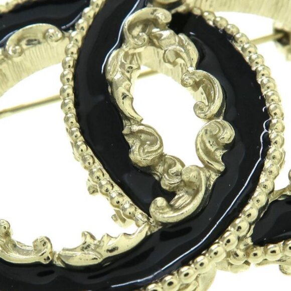 CHANEL Black CC Logo Wave Brooch Gold Tone B13C Pin Auth - Picture 8 of 8